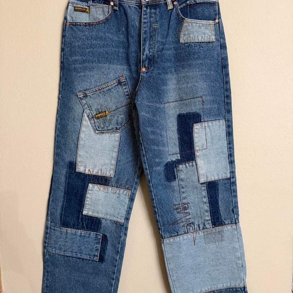 Brooklyn Express Vintage 90s Baggy Patchwork Blue Denim Jeans Mens 28x29